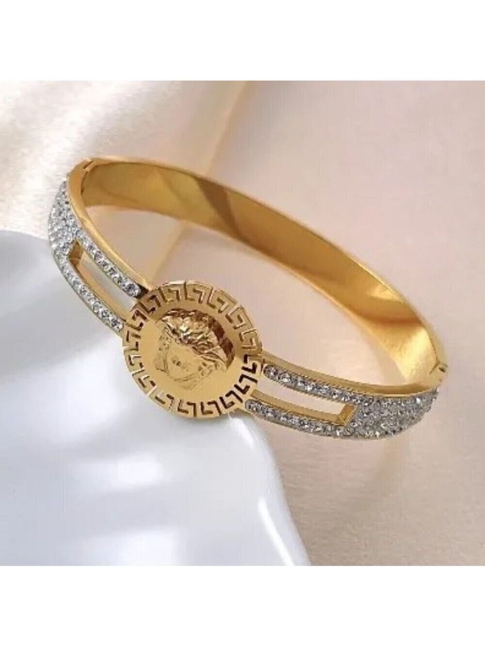 18k Gold Plated Stainless Steel Medusa Face Bangle with Zircon Stones